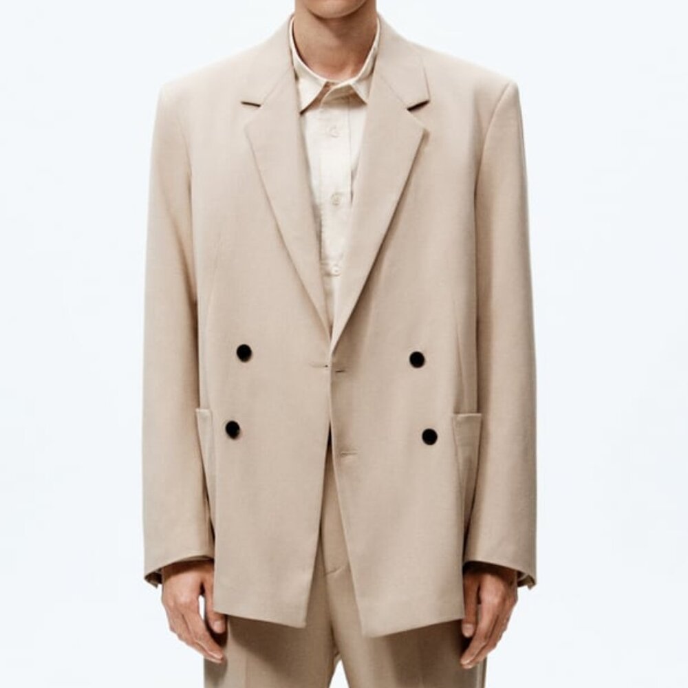 Zara Double Breasted Suit Blazer in Beige